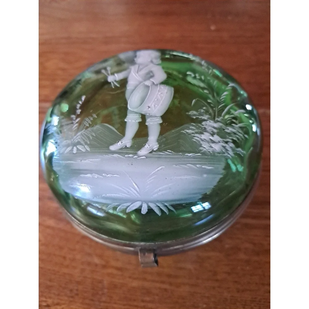 Antique Mary Gregory green Glass Hand Painted Trinket Box With Hinged Lid